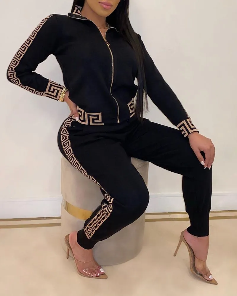 2021 Tracksuits Women Elegant Two-Pieces Suit Sets Female Stylish Plus Size Greek Fret Print Coat &amp; Pant Zip Sets Joggers Women