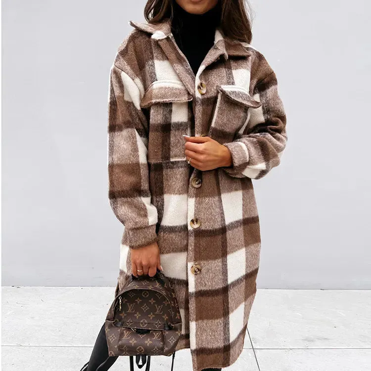 2023 Single Breasted Trench Coat Fashion Long Autumn Winter Women's Clothing Long Sleeve Woolen Plaid Overcoat Coat