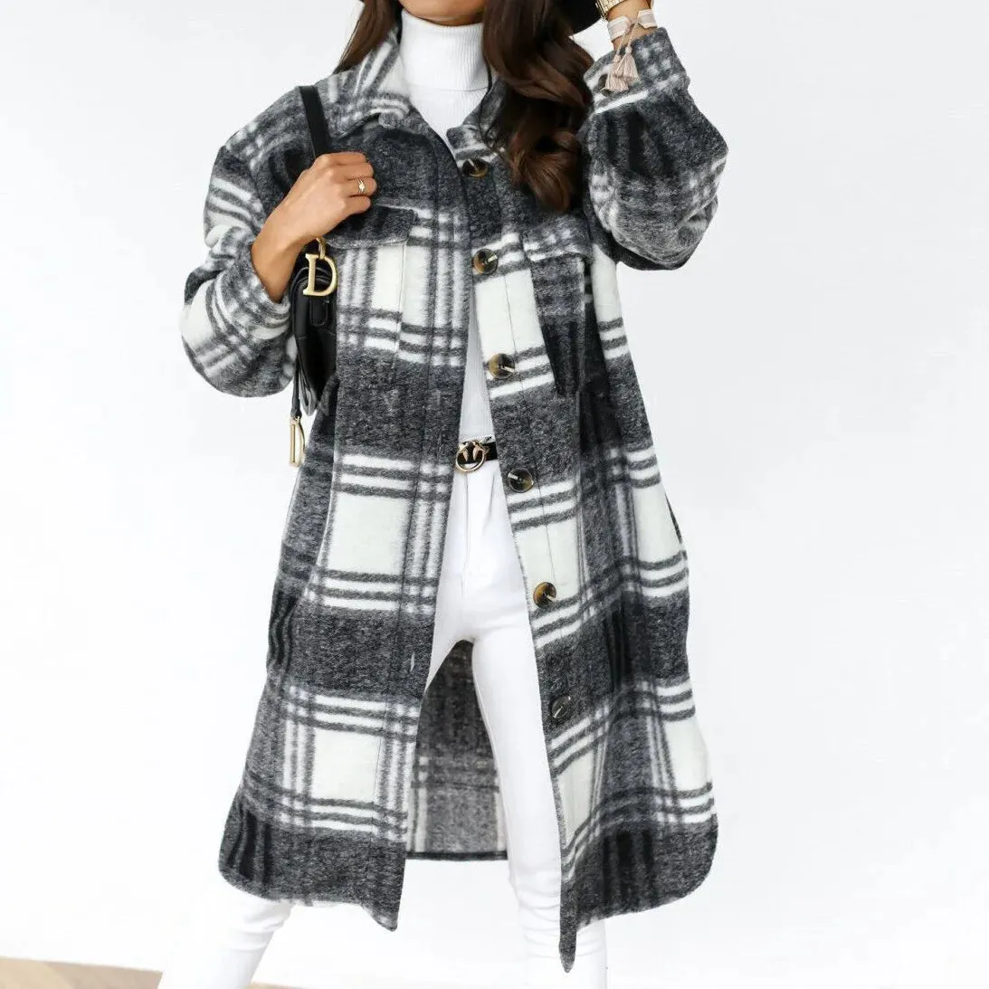 2023 Single Breasted Trench Coat Fashion Long Autumn Winter Women's Clothing Long Sleeve Woolen Plaid Overcoat Coat