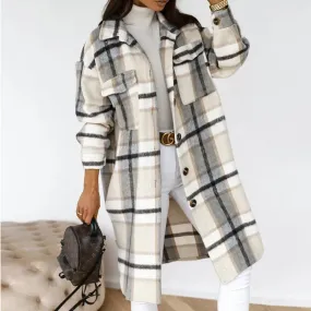 2023 Single Breasted Trench Coat Fashion Long Autumn Winter Women's Clothing Long Sleeve Woolen Plaid Overcoat Coat