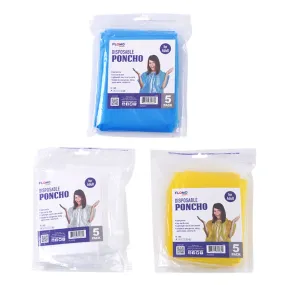 5Pk Disposable Adult Size Poncho - 3 Color Asst