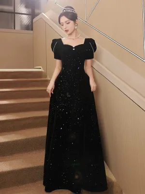 A-line Black Velvet Long Simple Floor Length Prom Dress, Black Velvet Party Dress