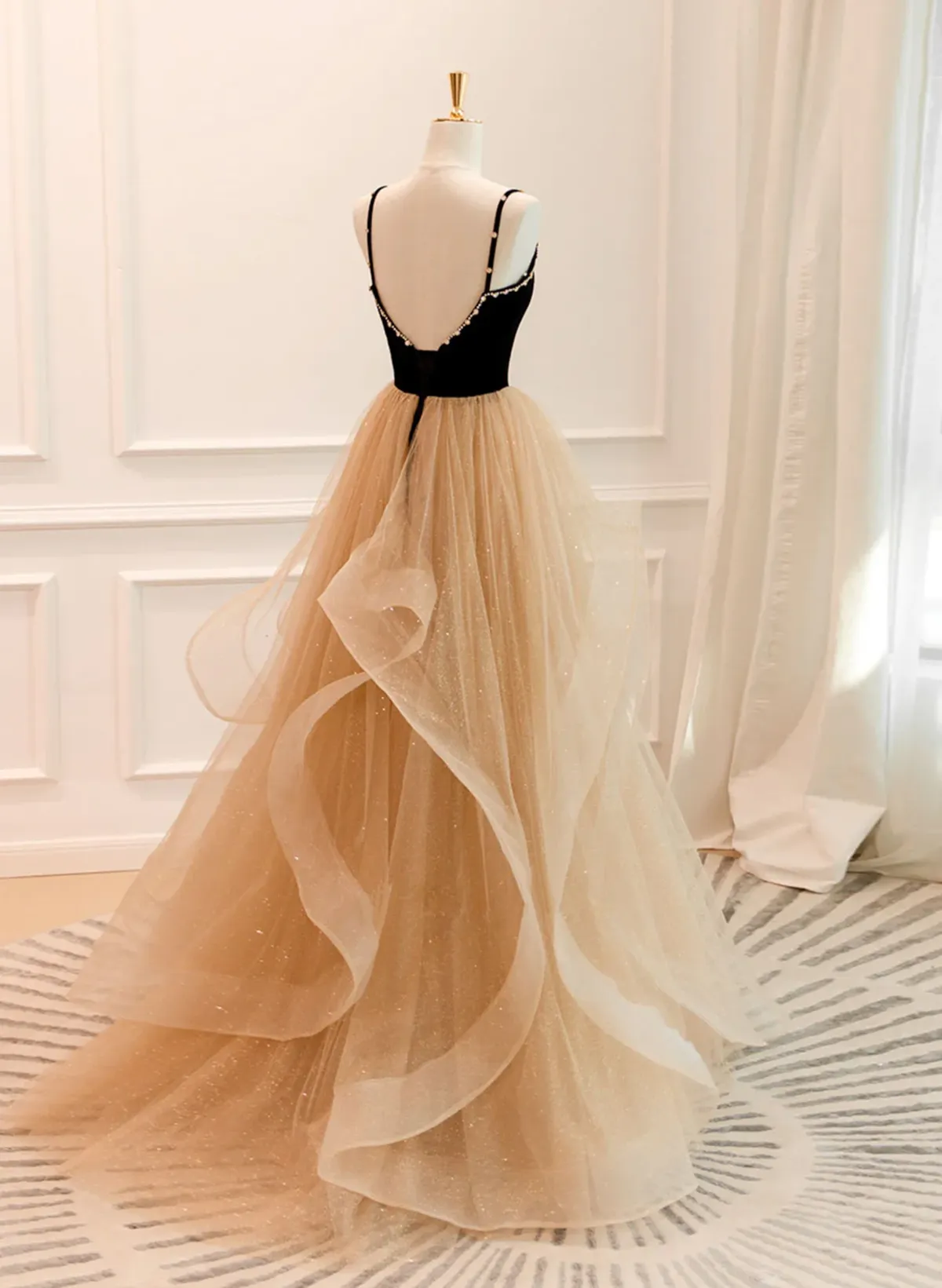 A-line Champagne Tulle Sweetheart Beaded Long Prom Dress, Tulle Layers Party Dress