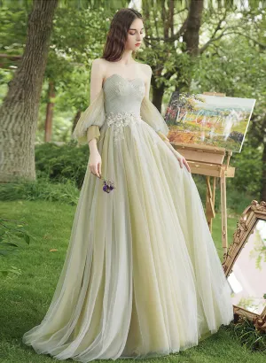 A-line Green Tulle Off Shoulder Lace Applique Prom Dress, Green Party Dress