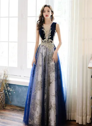 A-line Navy Blue Tulle with Lace Long Party Dress, Navy Blue Floor Length Prom Dress