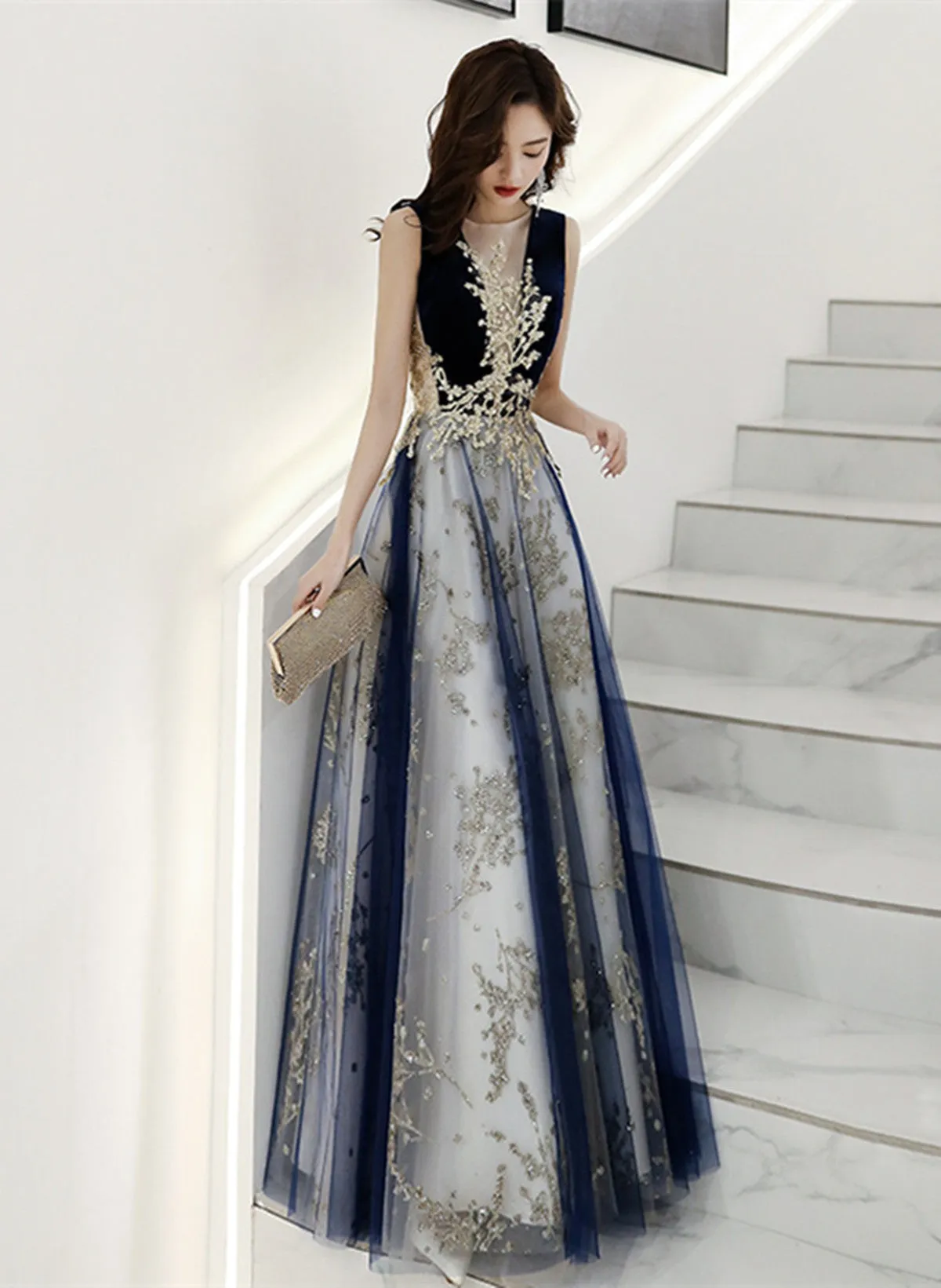 A-line Navy Blue Tulle with Lace Long Party Dress, Navy Blue Floor Length Prom Dress