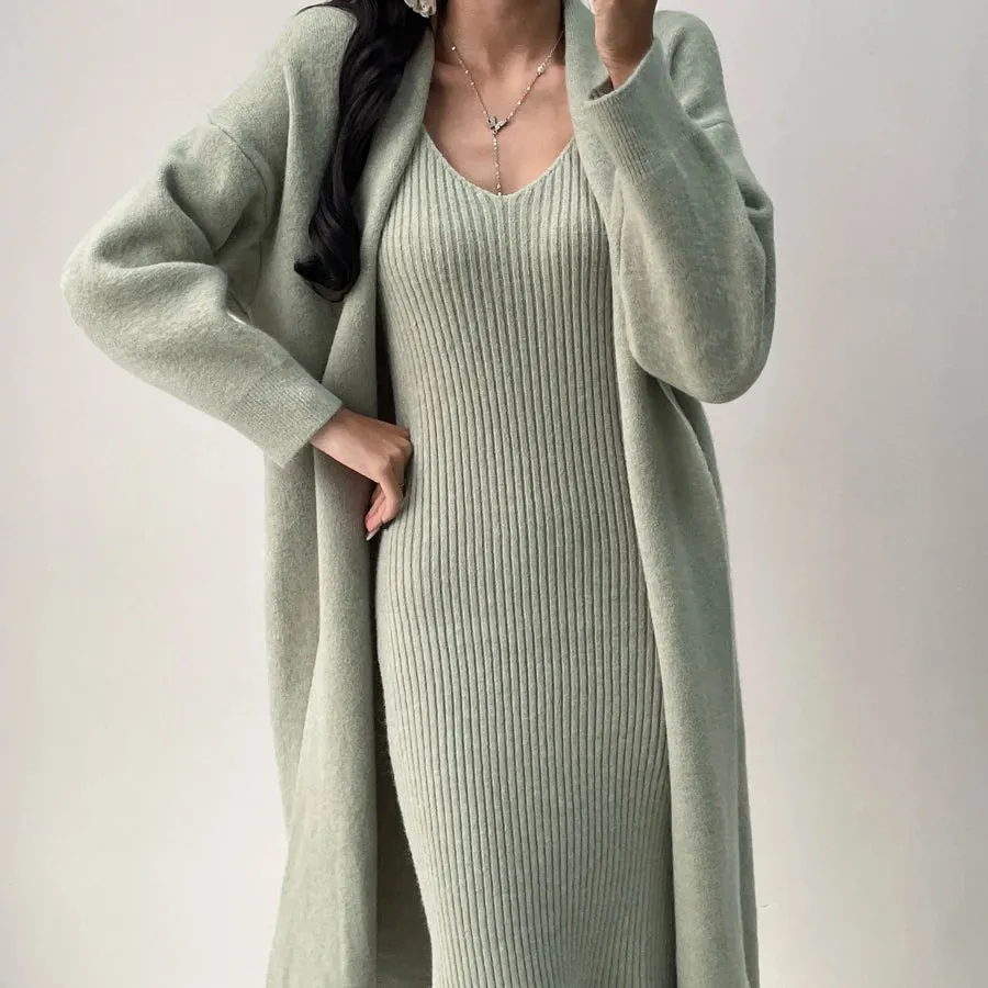 Aiertu Fall Winter Warm Knitted Dresses 2 Pieces Set For Women Korean Casual V Neck Knit Sweater Dress long Sleeve Solid Cardigans Suit