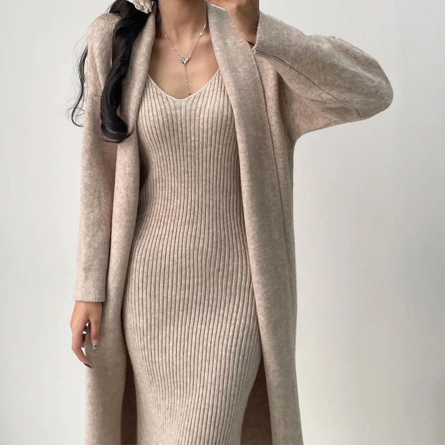 Aiertu Fall Winter Warm Knitted Dresses 2 Pieces Set For Women Korean Casual V Neck Knit Sweater Dress long Sleeve Solid Cardigans Suit