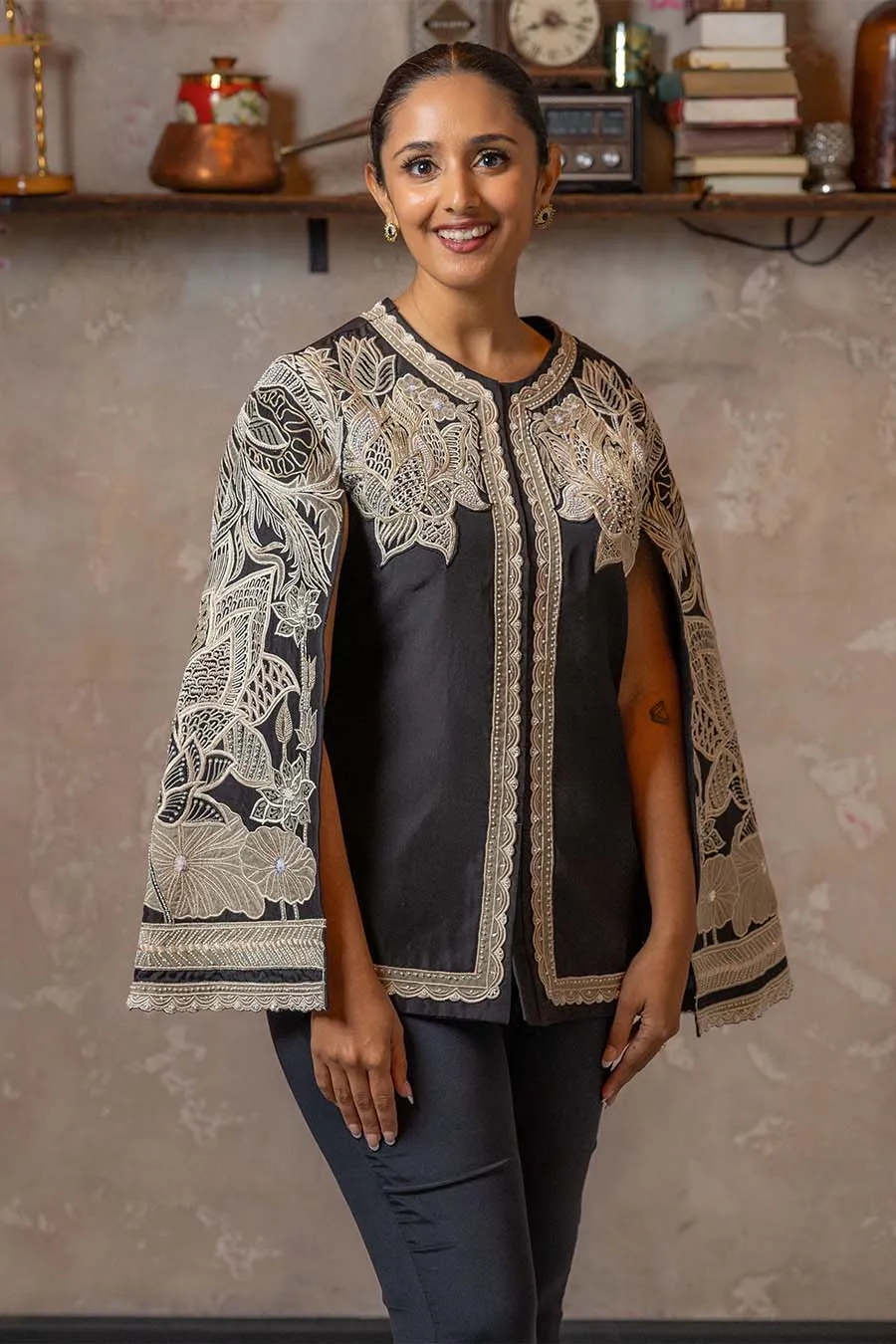 All black embroidered silk cape jacket set