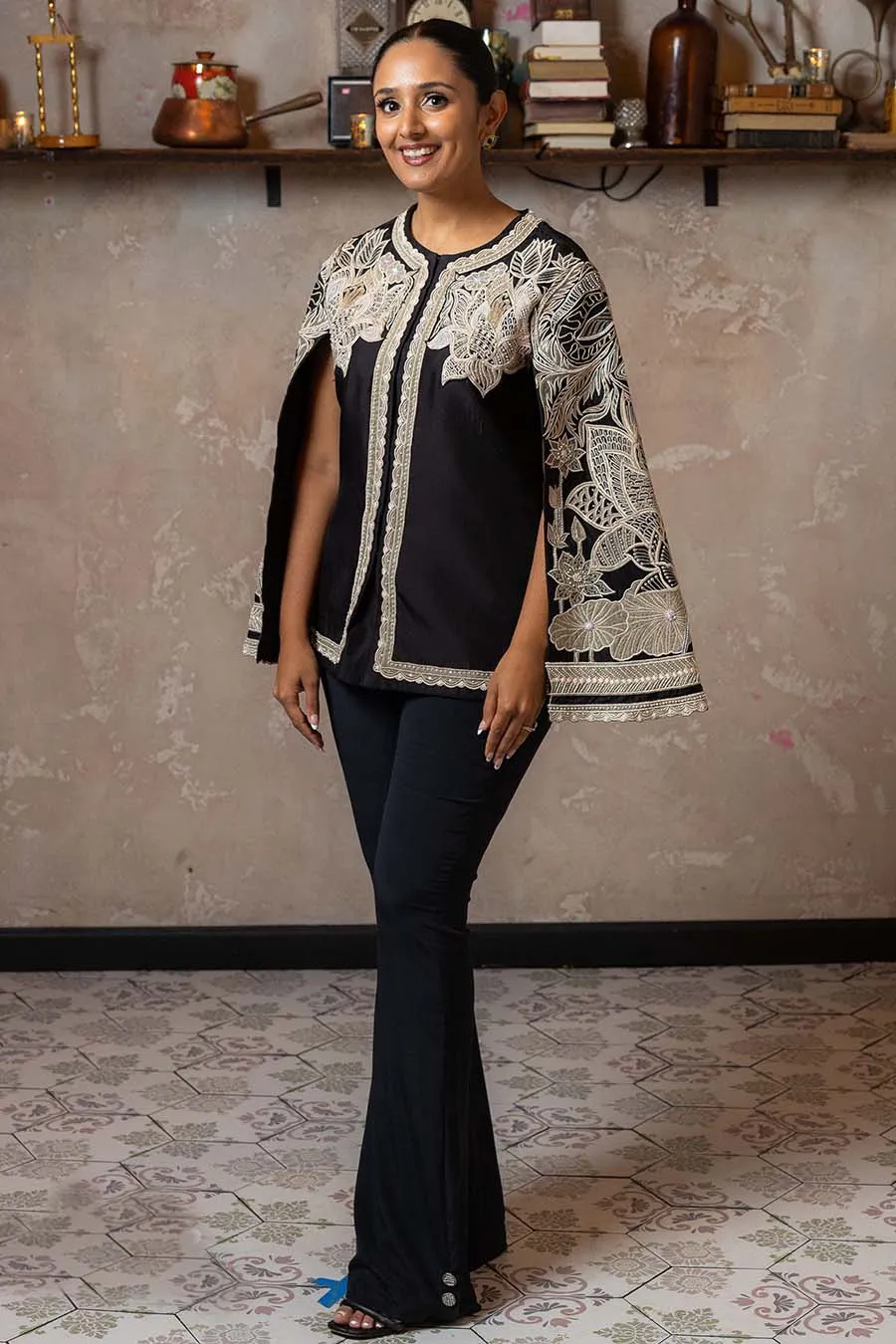 All black embroidered silk cape jacket set