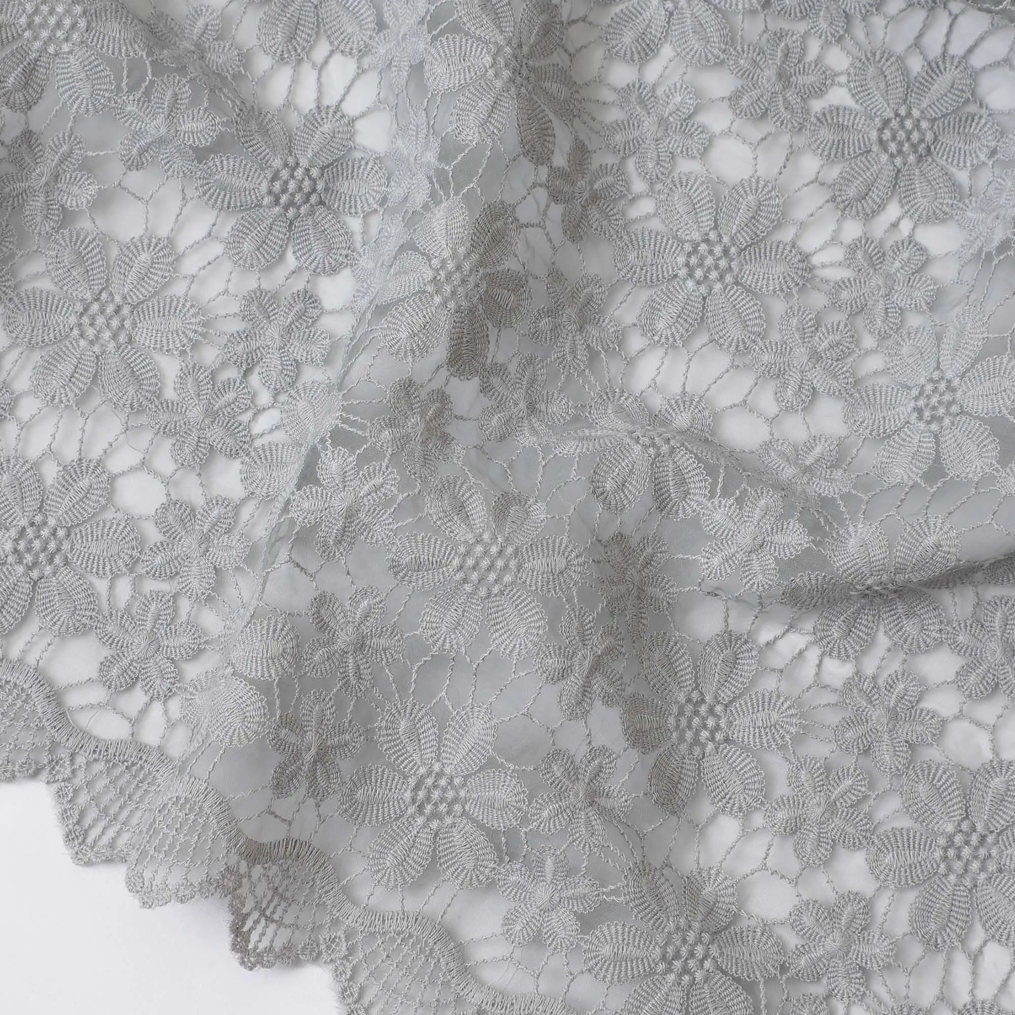 Ash grey synthetic organza fabric with same tone embroidery in floral design-D11683