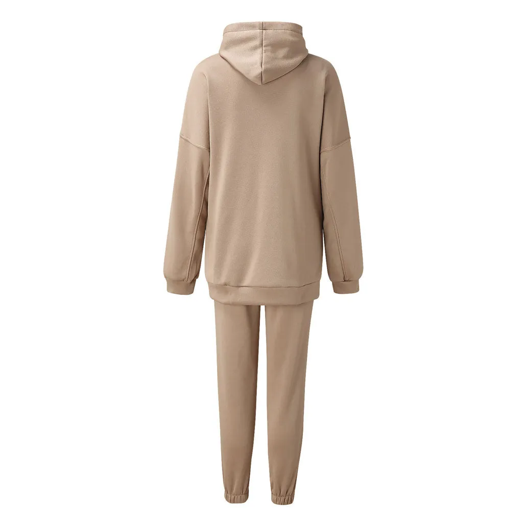 Athletic Drop Shoulder Long Sleeve Hoodie Matching Set - Beige