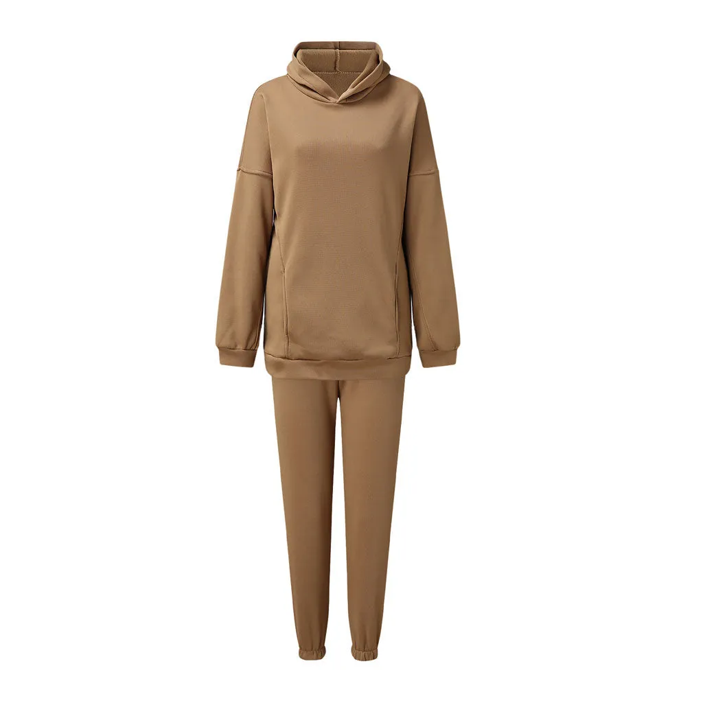 Athletic Drop Shoulder Long Sleeve Hoodie Matching Set - Coffee