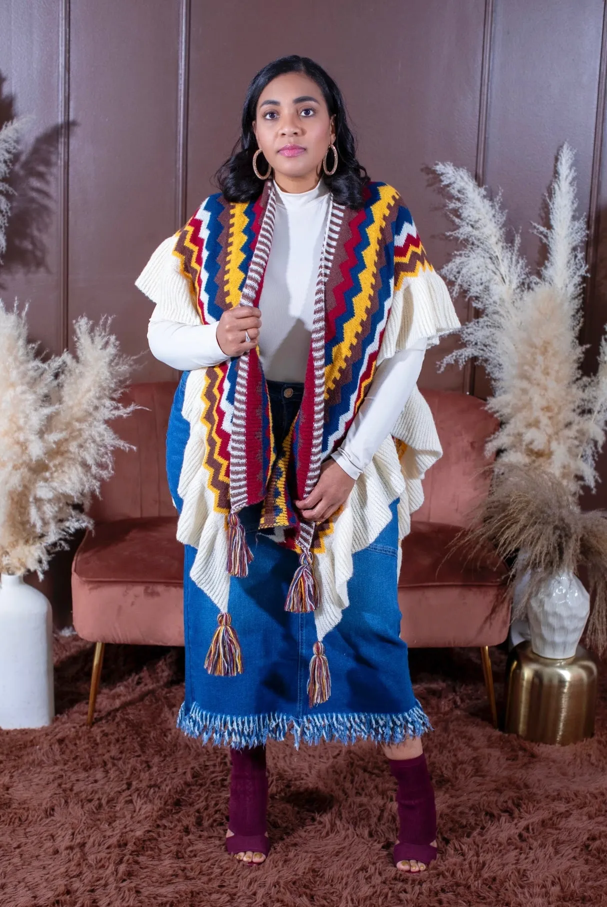 AZTEC TASSELED PONCHO-Burgundy