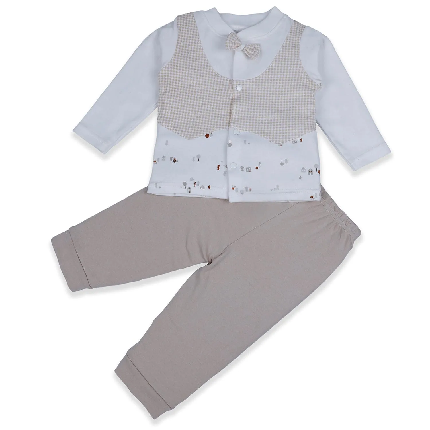 Baby Moo Chequered Gentleman's Long Sleeve 2pcs Baby Suit - Beige