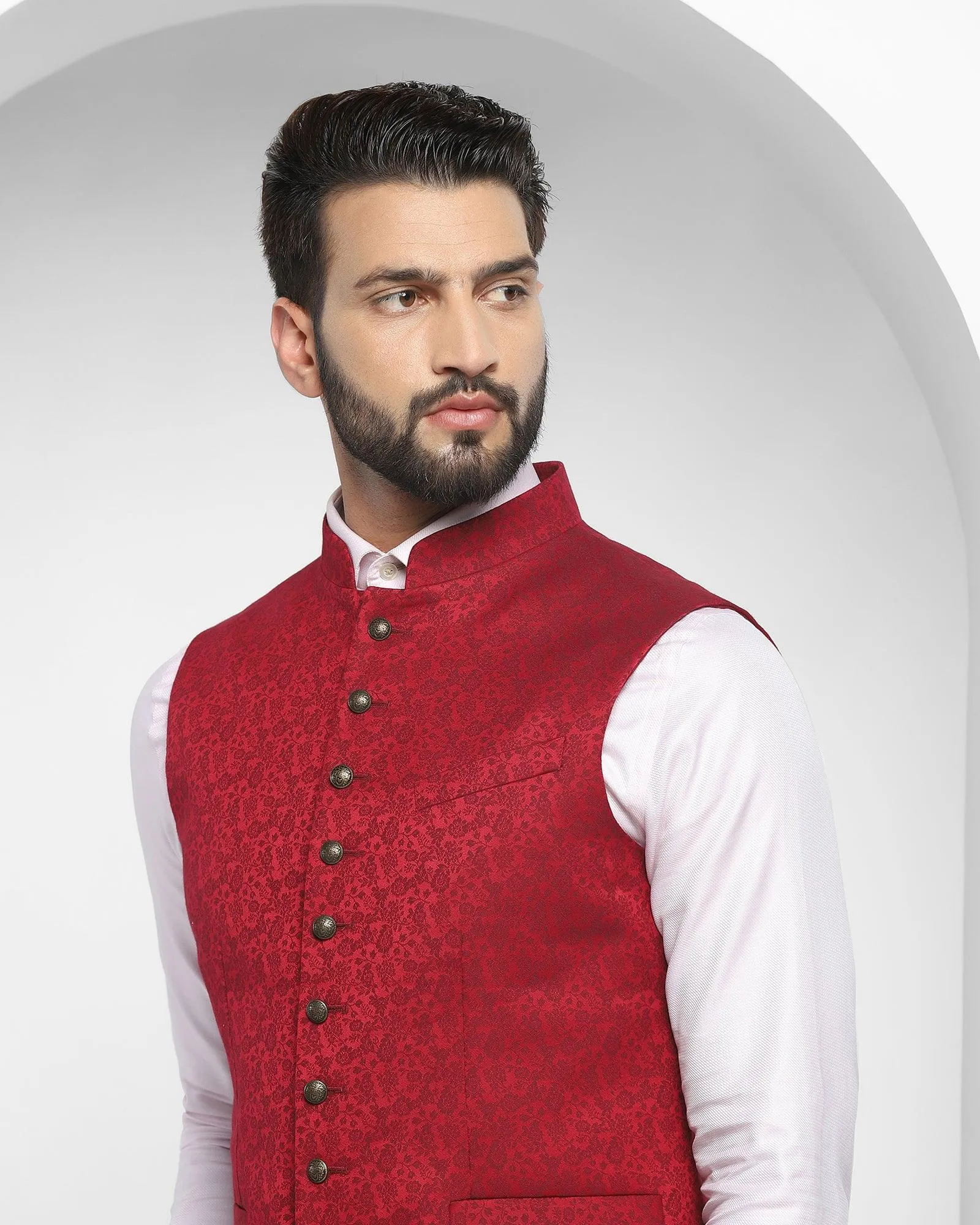 Bandhgala Formal Wine Printed Waistcoat - Jacqlin