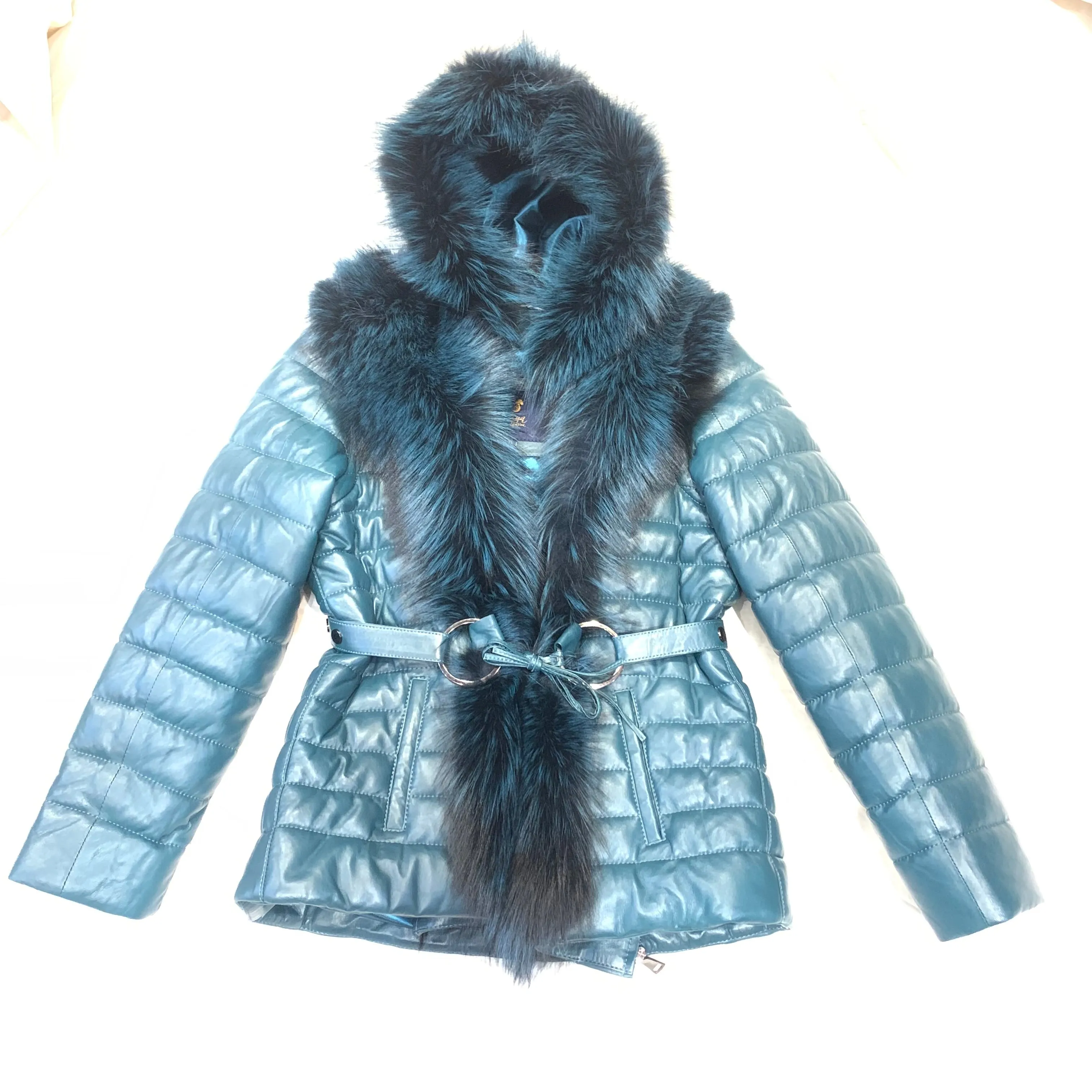 Barya NewYork Women Turquoise Lambskin Fox Fur Coat