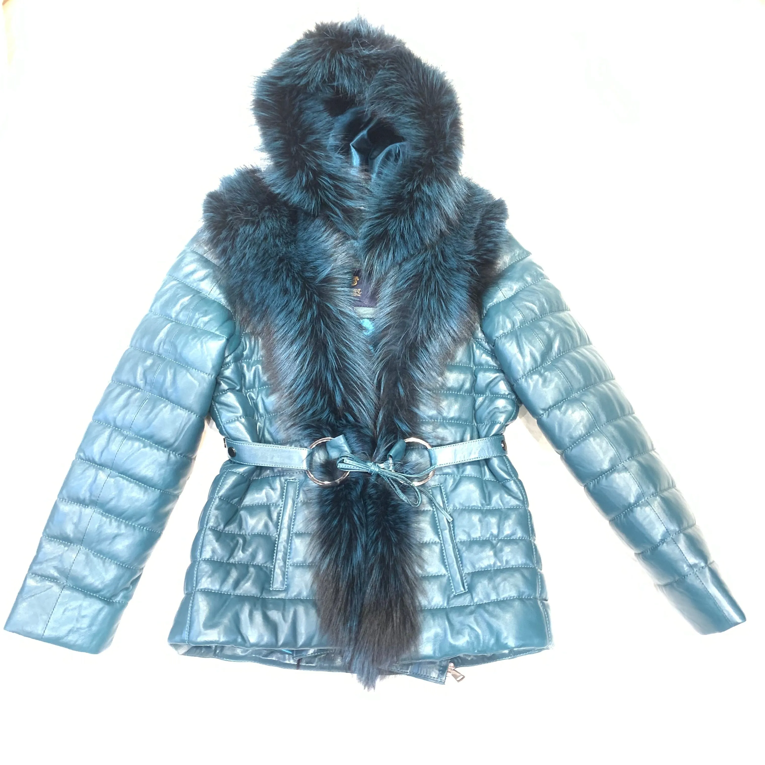 Barya NewYork Women Turquoise Lambskin Fox Fur Coat