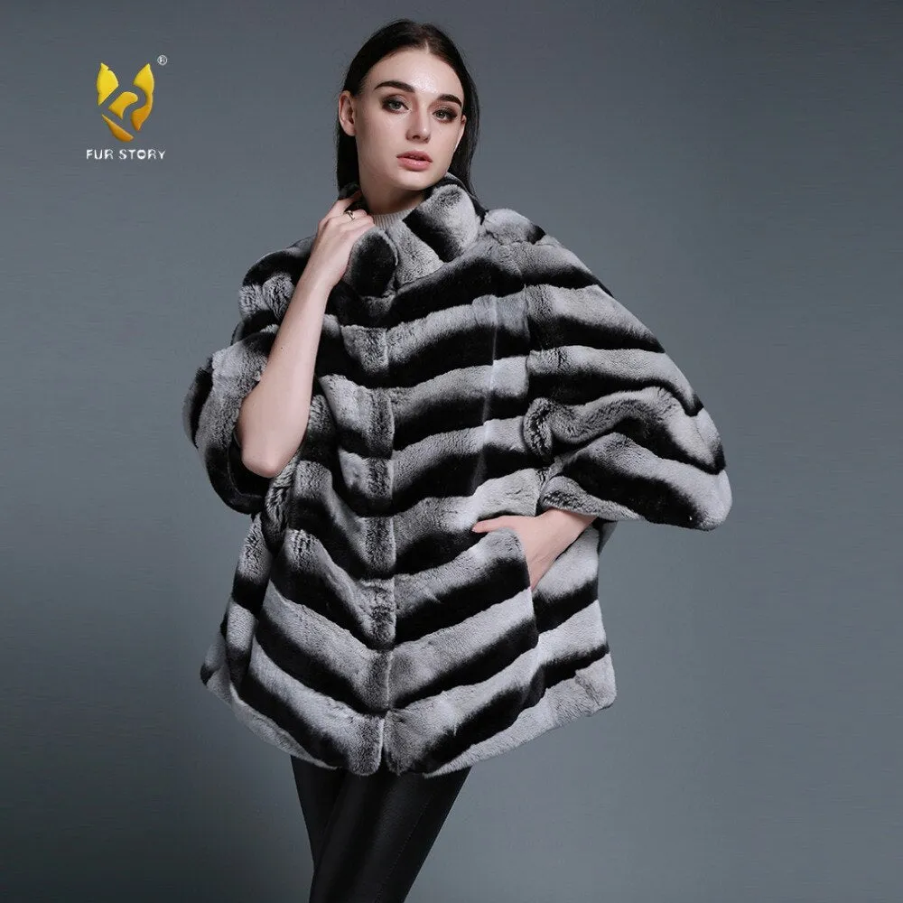 Bat Sleeve Real Fur Coat for Women Chinchilla Color