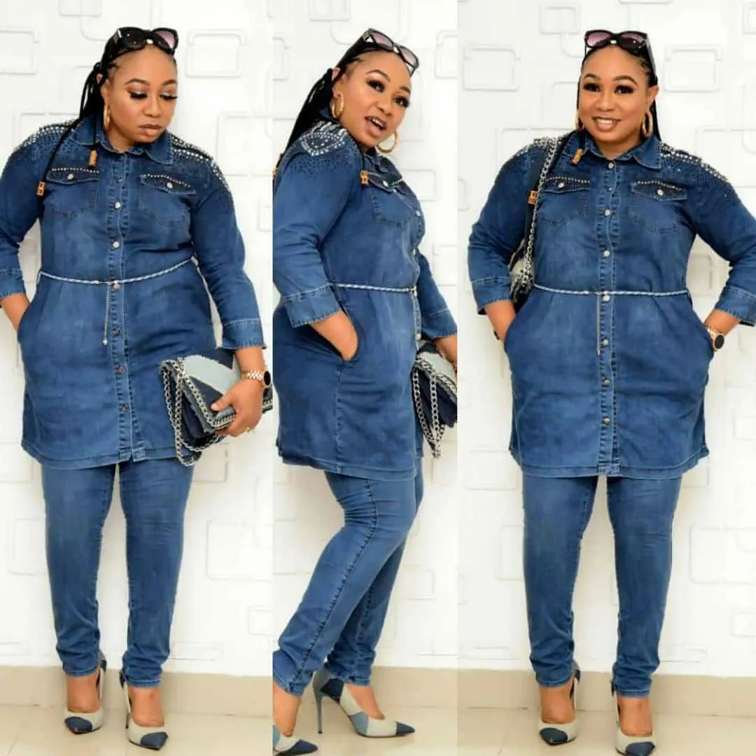 Beaded Button Collared Denim Jacket & Pants Sets