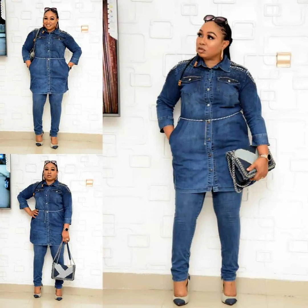 Beaded Button Collared Denim Jacket & Pants Sets