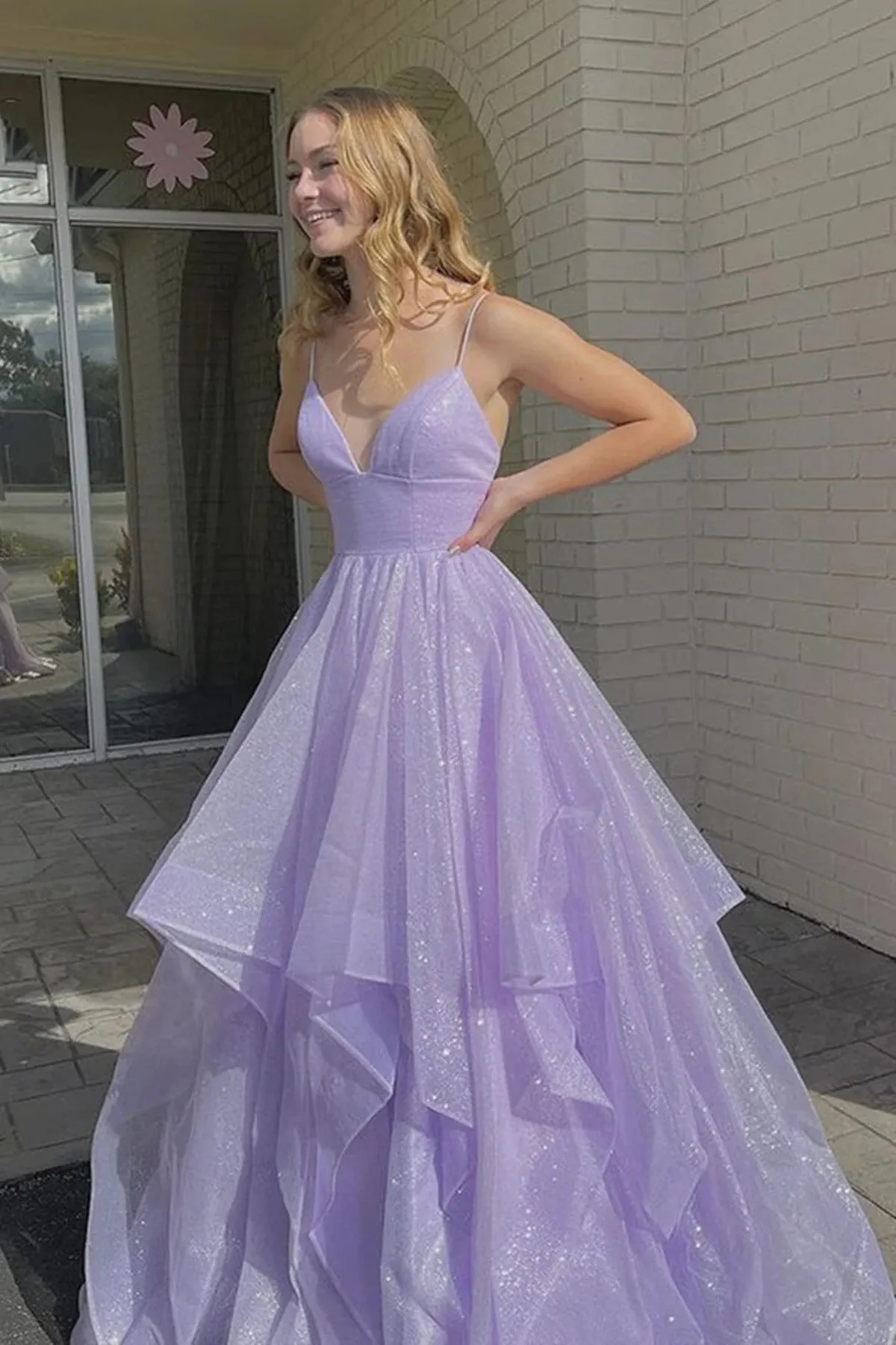 Beautiful Light Purple Long Prom Dress, V-neckline Purple Tulle Evening Dress