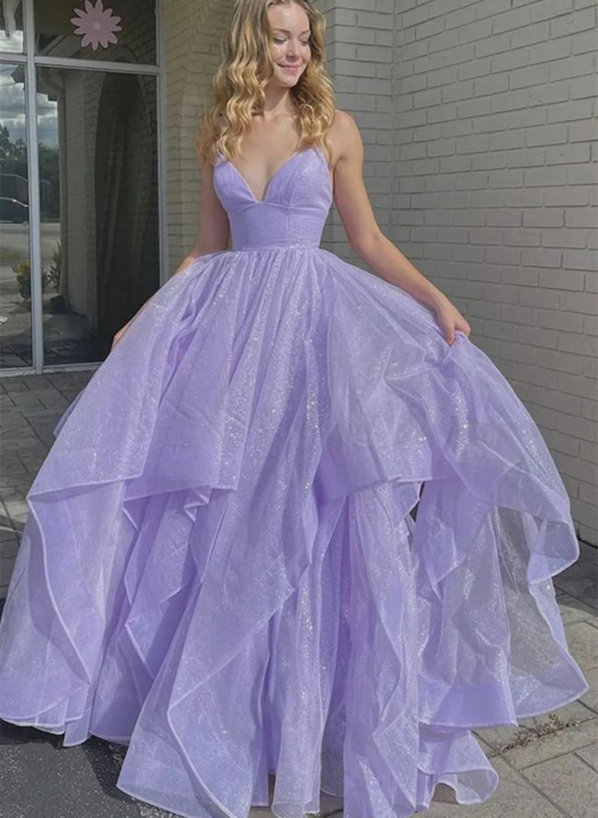 Beautiful Light Purple Long Prom Dress, V-neckline Purple Tulle Evening Dress