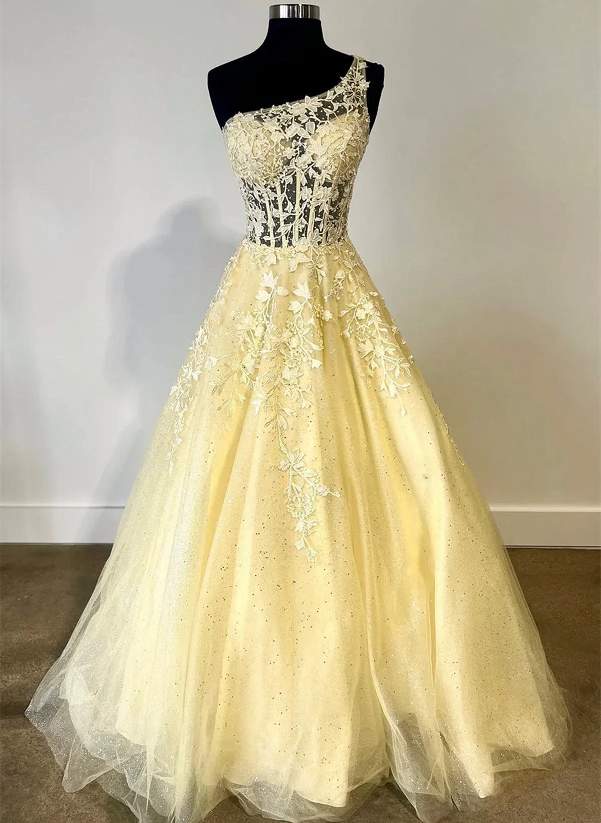 Beautiful One Shoulder Yellow Tulle with Lace Party Dress, Yellow Prom Dress