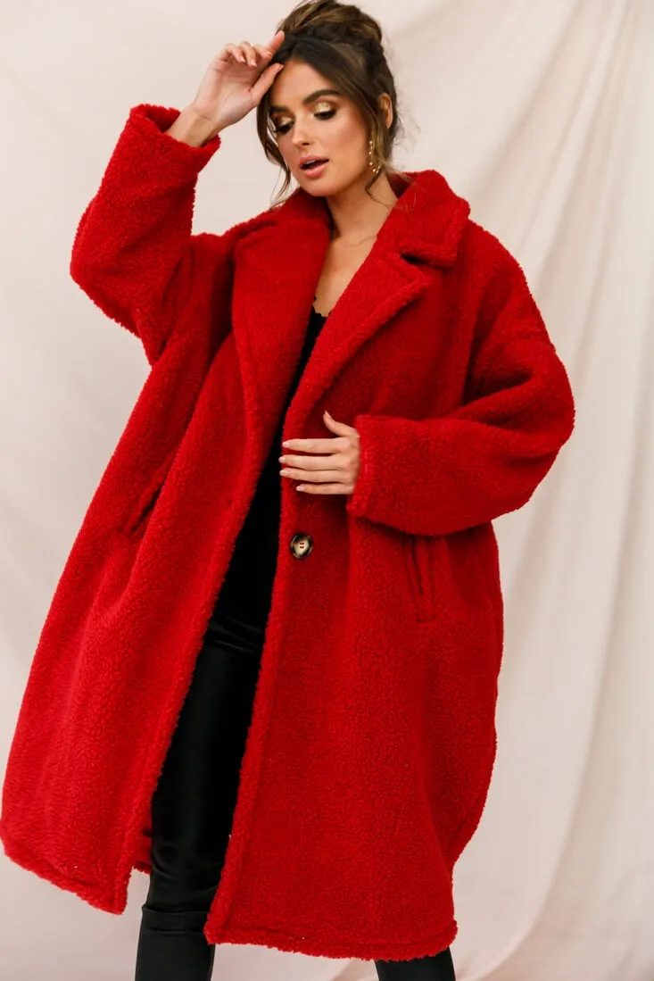 Berlin Notched Lapel Longline Fleece Coat Red