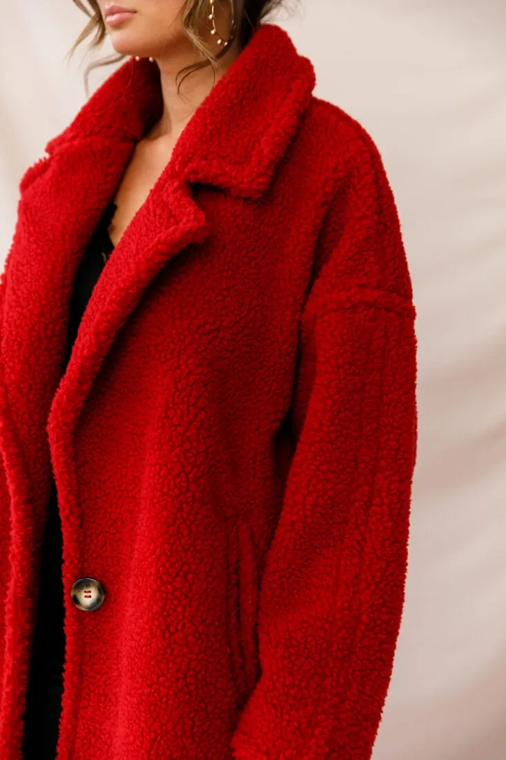 Berlin Notched Lapel Longline Fleece Coat Red