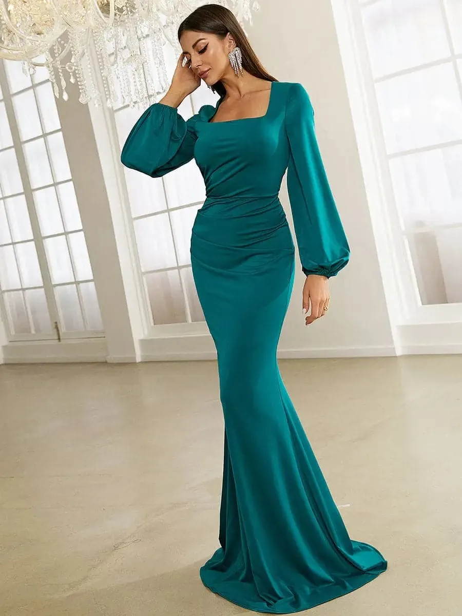 Bishop Sleeve Square Neck Green Mermaid Knit Prom Dress XJ1496