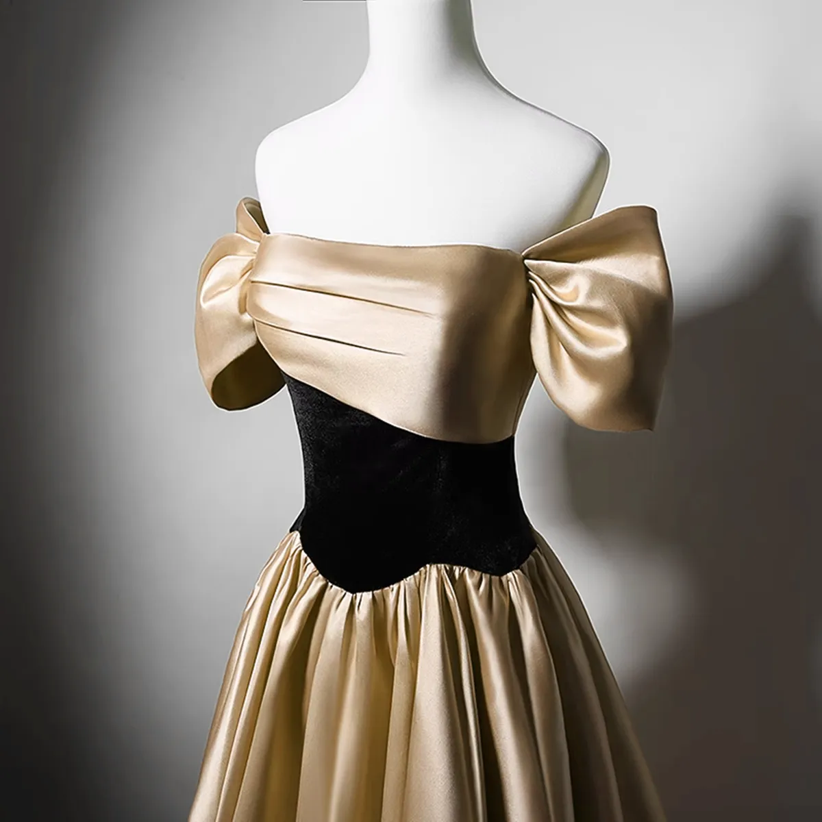 Black and Champagne Satin Long Party Dress, Off Shoulder Satin Prom Dress