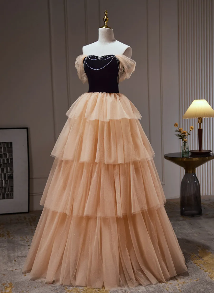 Black and Champagne Sweetheart Layers Tulle Long Party Dress, A-line Evening Dress