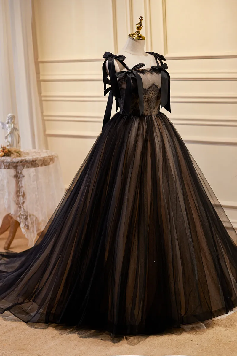 Black and Champagne Tulle Straps Prom Dress with Bow, Black Long Party Dress