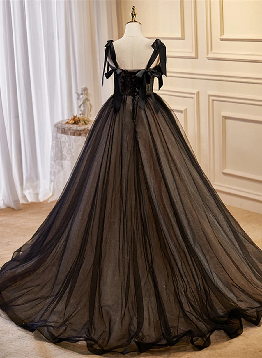 Black and Champagne Tulle Straps Prom Dress with Bow, Black Long Party Dress