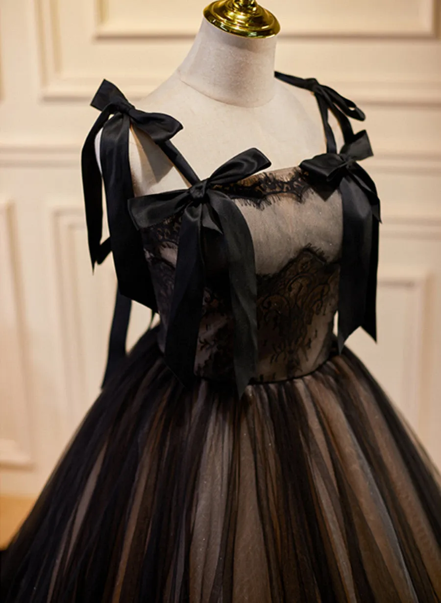 Black and Champagne Tulle Straps Prom Dress with Bow, Black Long Party Dress