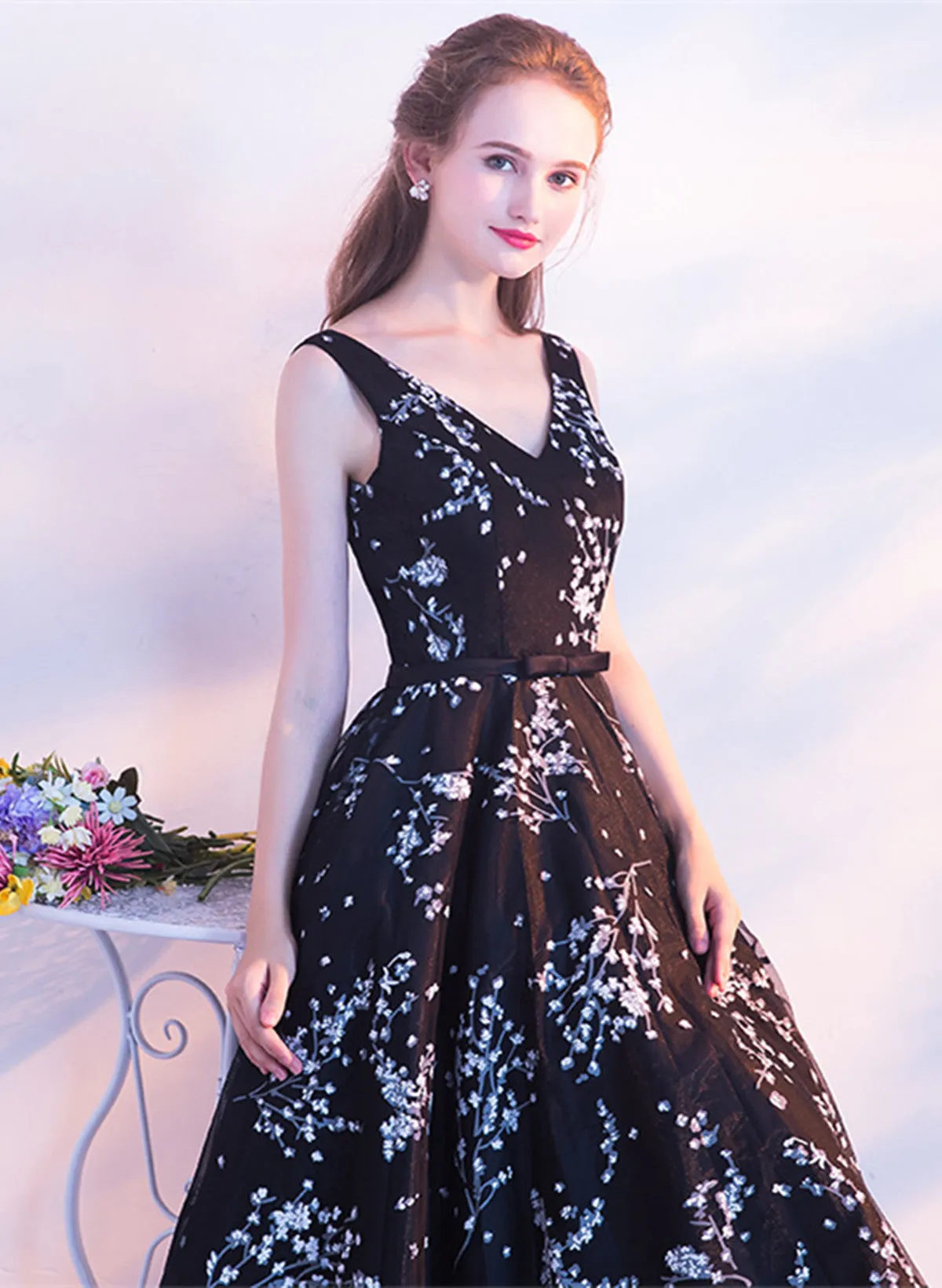 Black Floral Tulle V-neckline Tea Length Party Dress, Black Tulle Homecoming Dress