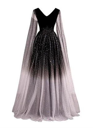 Black Gradient Tulle V-neckline Long Beaded Prom Dress, Black Party Dress Formal Dress