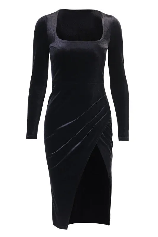 Black Long Sleeve High Split  Cocktail Party Dress