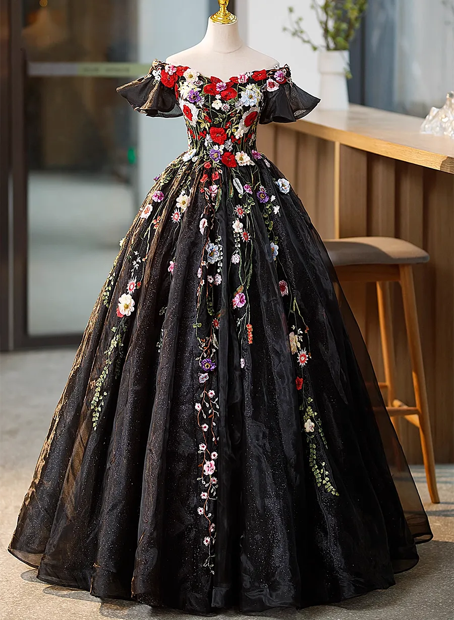 Black Off Shoulder Sweet 16 Dresses with Flowers, Black Ball Gown Formal Dress