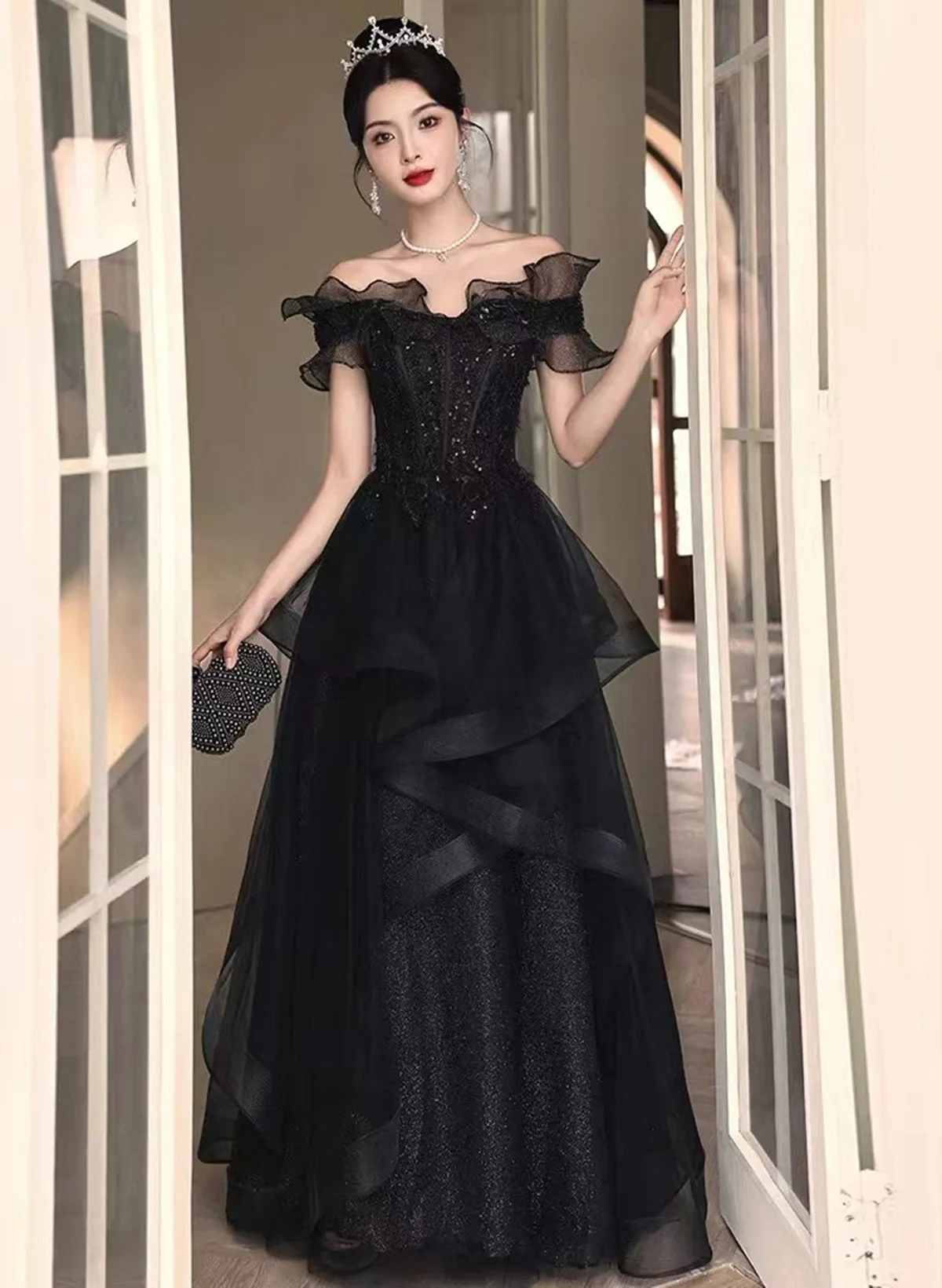 Black Off Shoulder Tulle with Lace Long Formal Dress, Black A-line Prom Dress