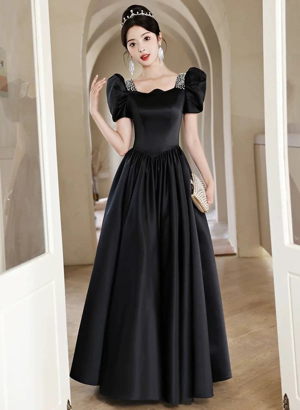 Black Short Sleeves Beaded A-line Satin Prom Dress, Black Satin Party Dress