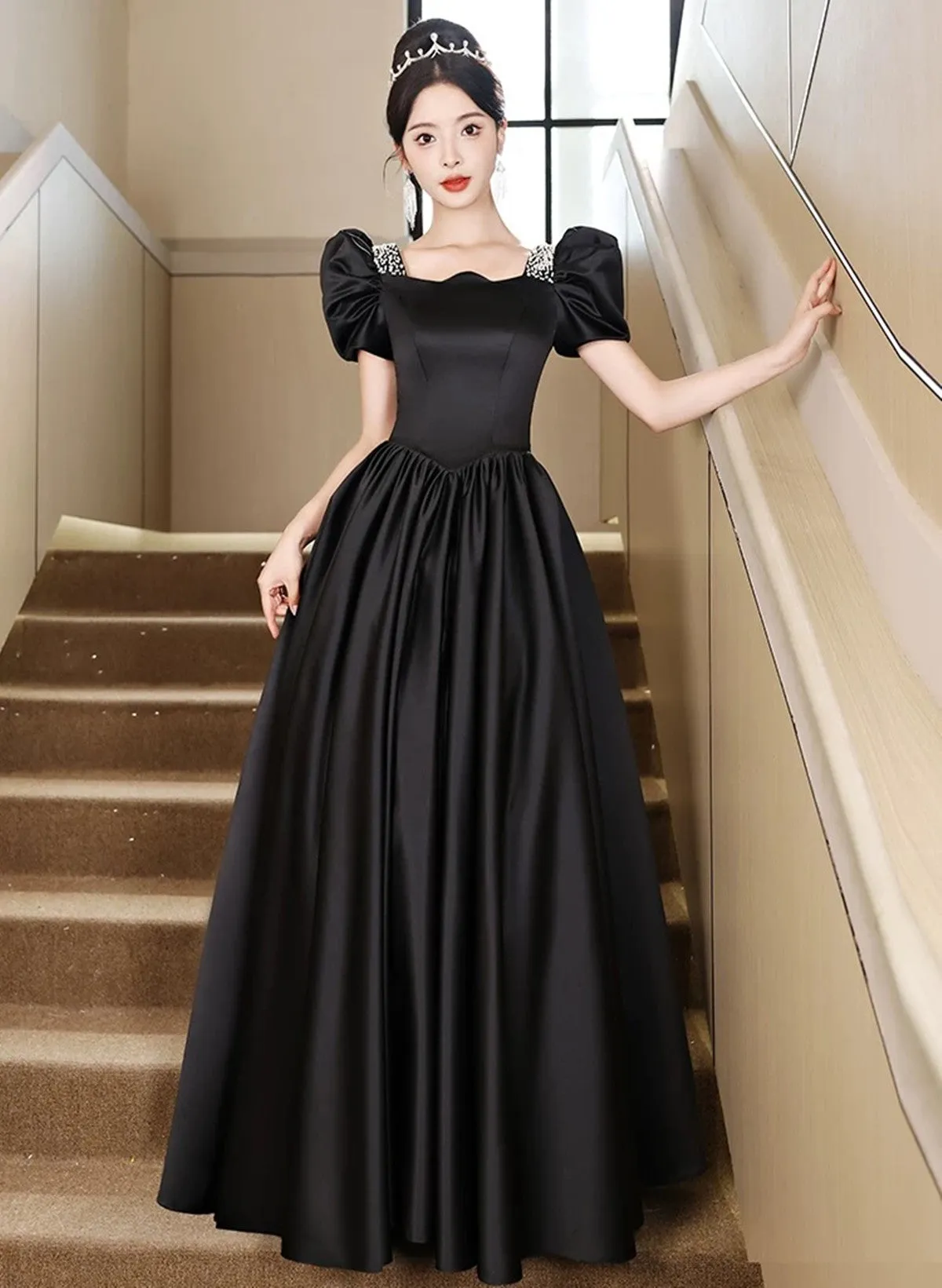 Black Short Sleeves Beaded A-line Satin Prom Dress, Black Satin Party Dress