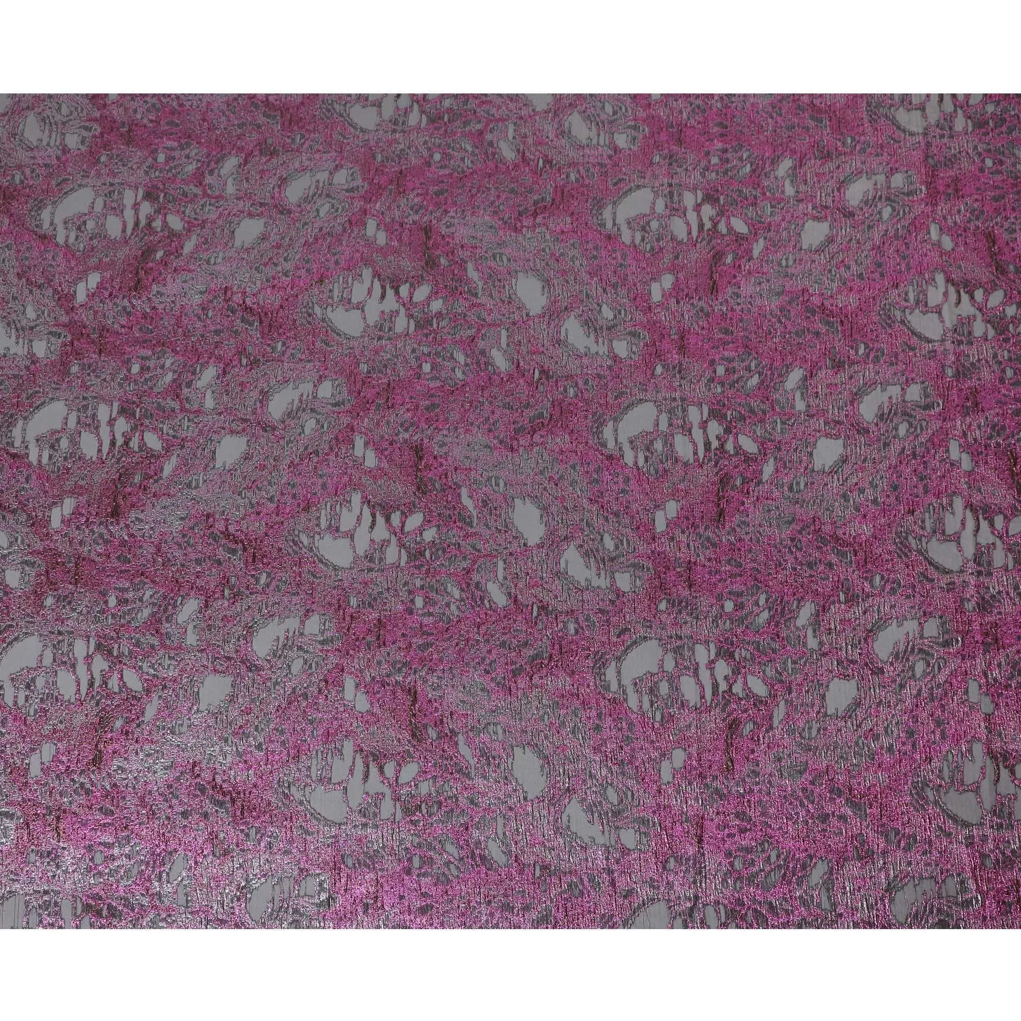 Black silk organza fabric with magenta pink and silver metallic jacquard in fancy design-D14026