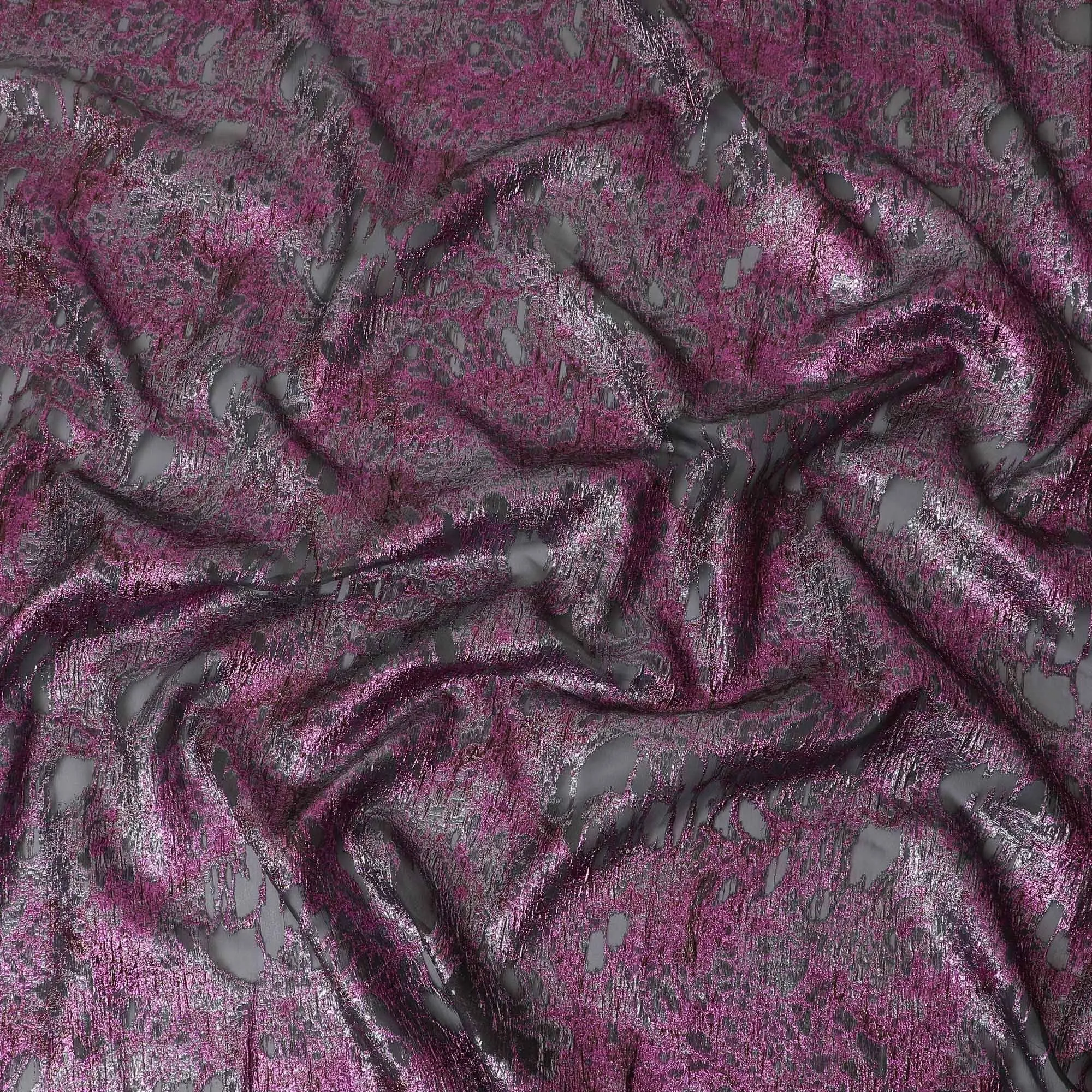 Black silk organza fabric with magenta pink and silver metallic jacquard in fancy design-D14026