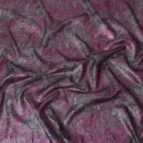 Black silk organza fabric with magenta pink and silver metallic jacquard in fancy design-D14026