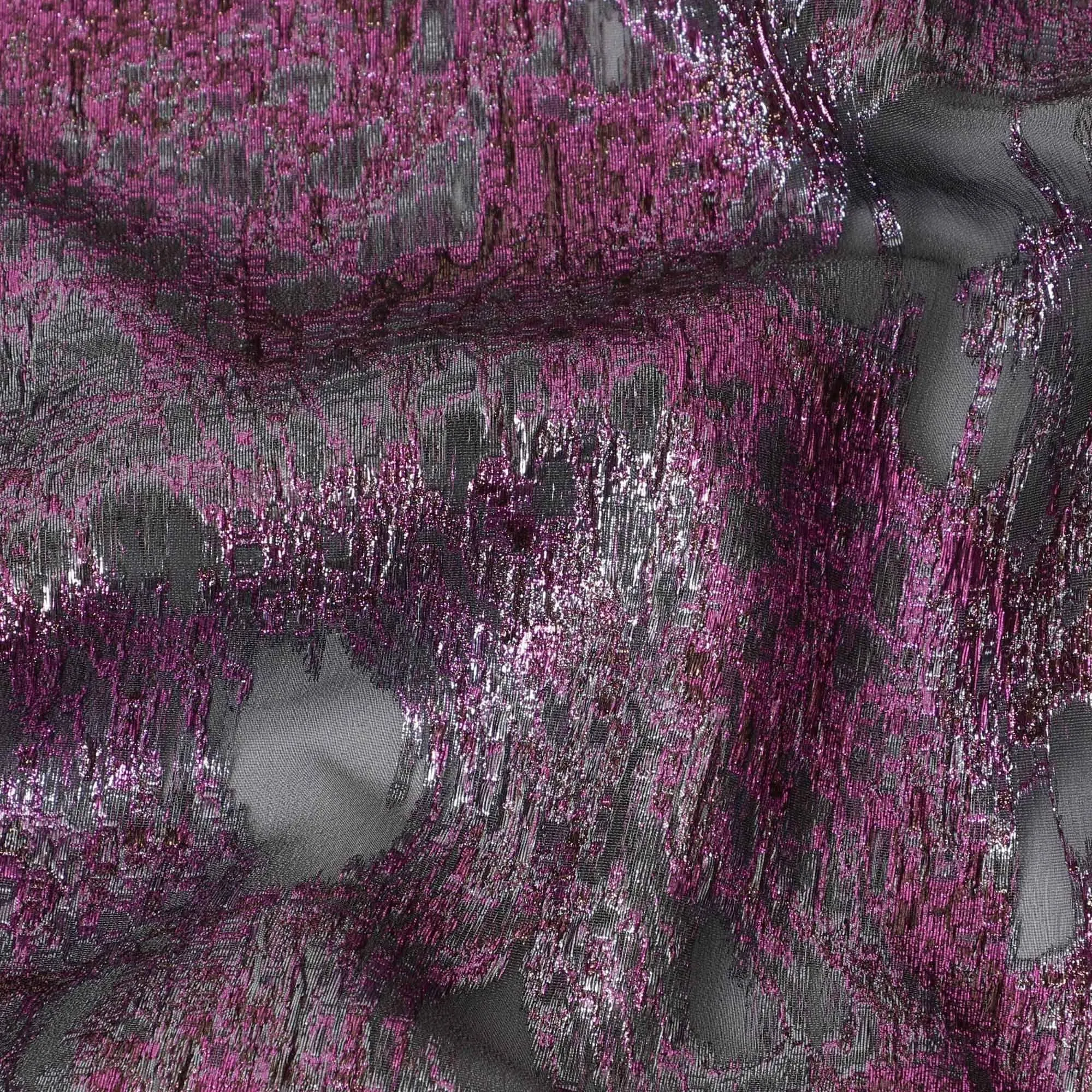 Black silk organza fabric with magenta pink and silver metallic jacquard in fancy design-D14026