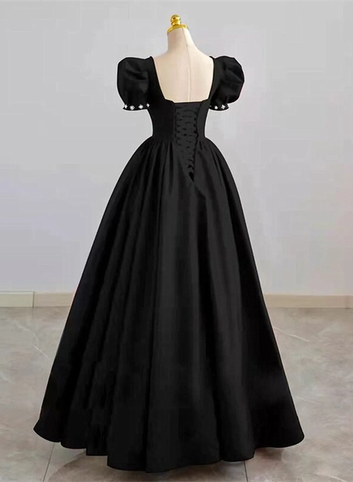 Black Sweetheart Short Sleeves Beaded Party Dress, A-line Black Satin Prom Dress