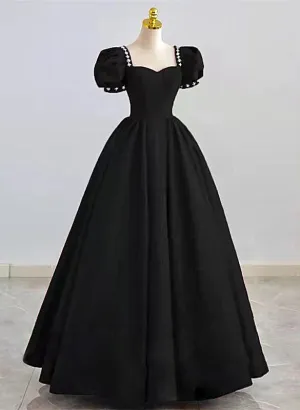 Black Sweetheart Short Sleeves Beaded Party Dress, A-line Black Satin Prom Dress