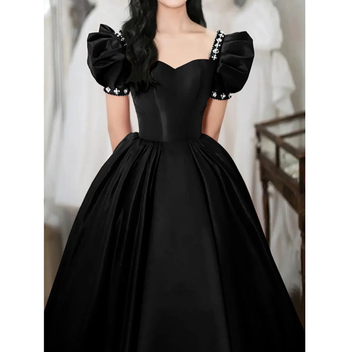 Black Sweetheart Short Sleeves Beaded Party Dress, A-line Black Satin Prom Dress